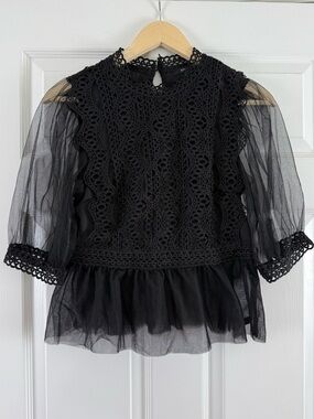 Blashe Black Lace Sheer Peplum Old Money Top Size Medium